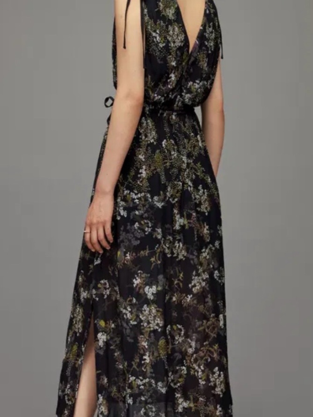 AllSaints Black Floral Midi Dress with Tie Shoulders - Picture 3 of 4